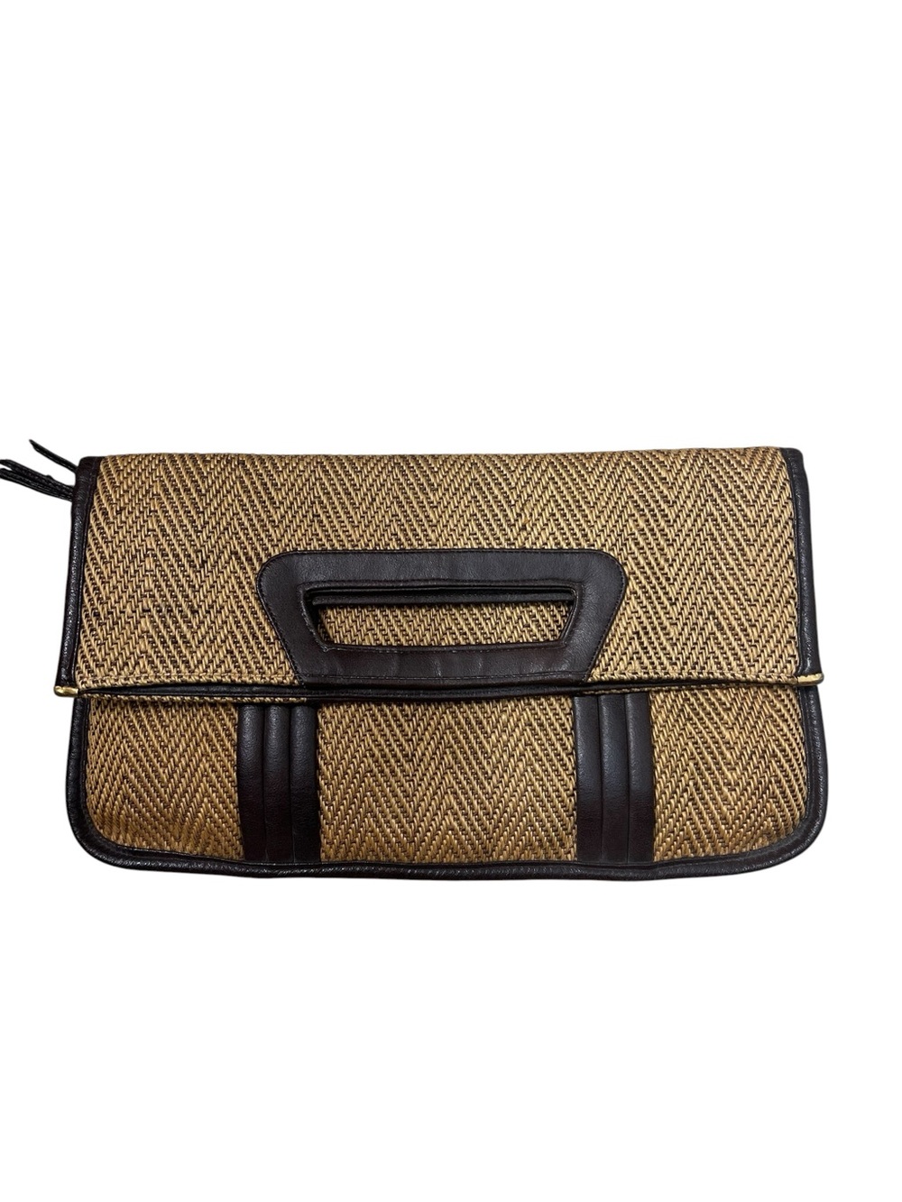 Vintage Woven Raffia Brown Trim Cutout Handle Clutch Coastal Resort Chic - Picture 2 of 6